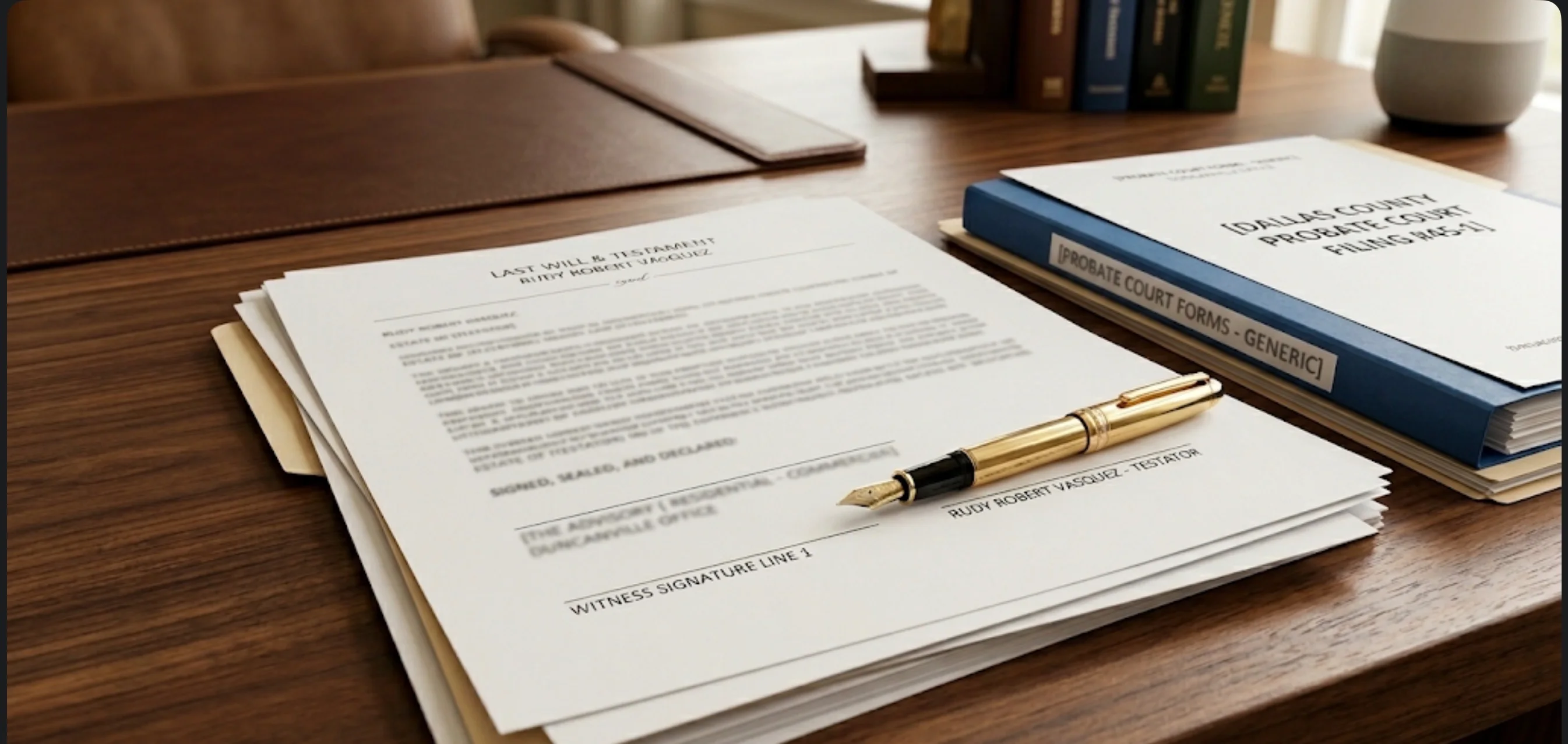 Legal documents and title paperwork on a desk representing the closing process for inherited properties in Dallas County
