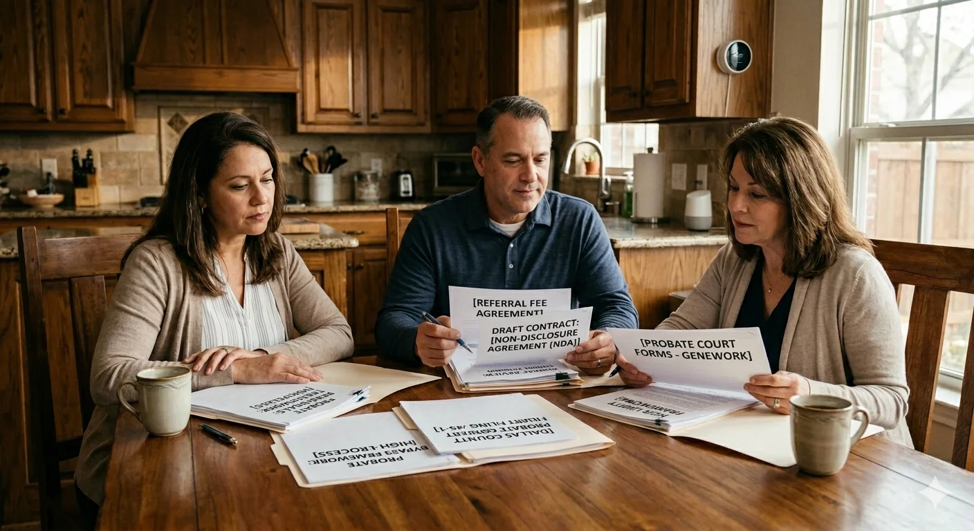 Family members reviewing inherited property paperwork at a kitchen table, common in Dallas County probate situations